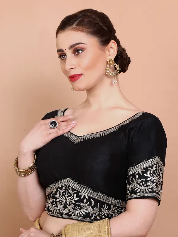 Black silk embroidered sweetheart neck ready made blouse for women