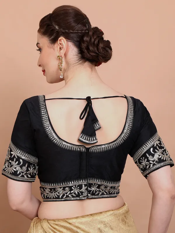 Black silk embroidered sweetheart neck ready made blouse for women