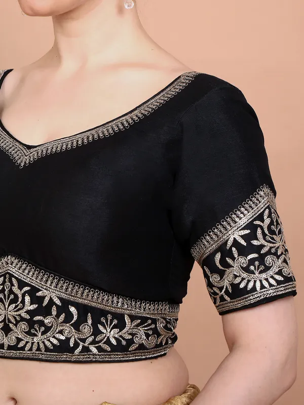 Black silk embroidered sweetheart neck ready made blouse for women