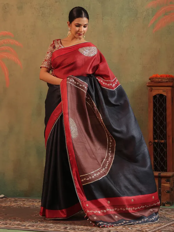 Black silk festive wear saree with print