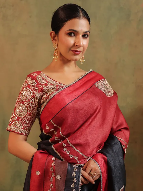 Black silk festive wear saree with print