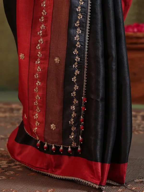 Black silk festive wear saree with print