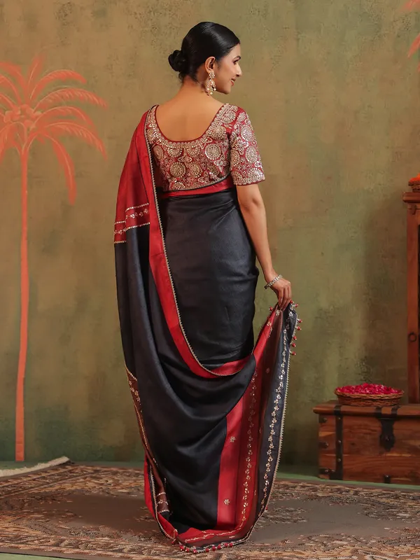 Black silk festive wear saree with print