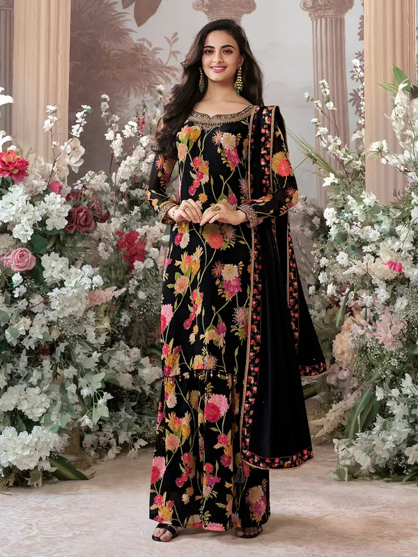 Black silk floral printed pakistani palazzo suit