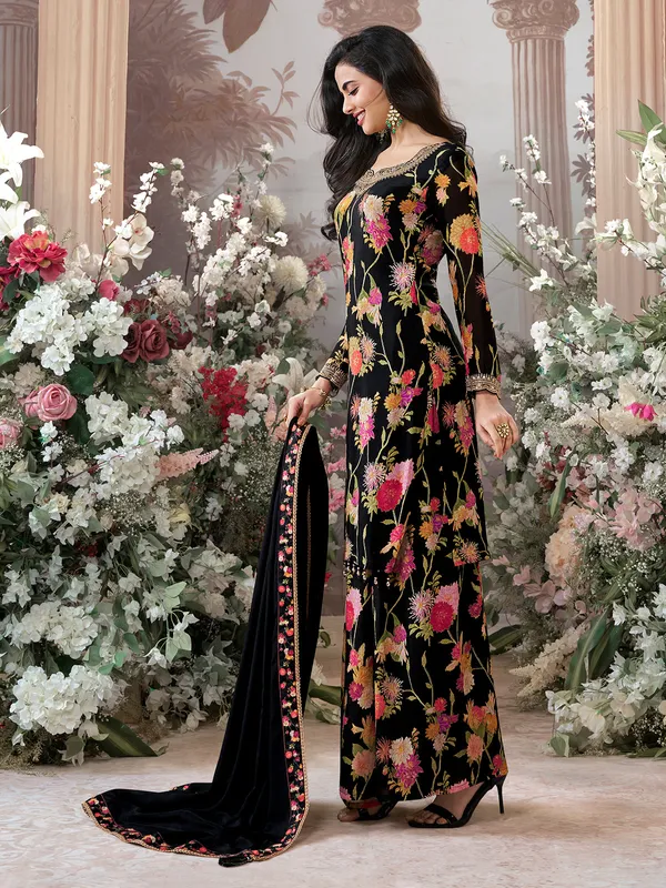 Black silk floral printed pakistani palazzo suit