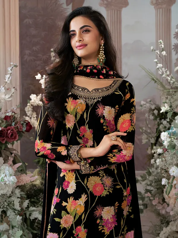 Black silk floral printed pakistani palazzo suit