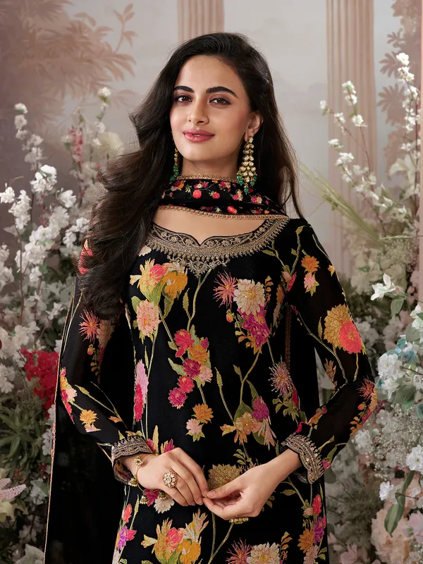 Black silk floral printed pakistani palazzo suit