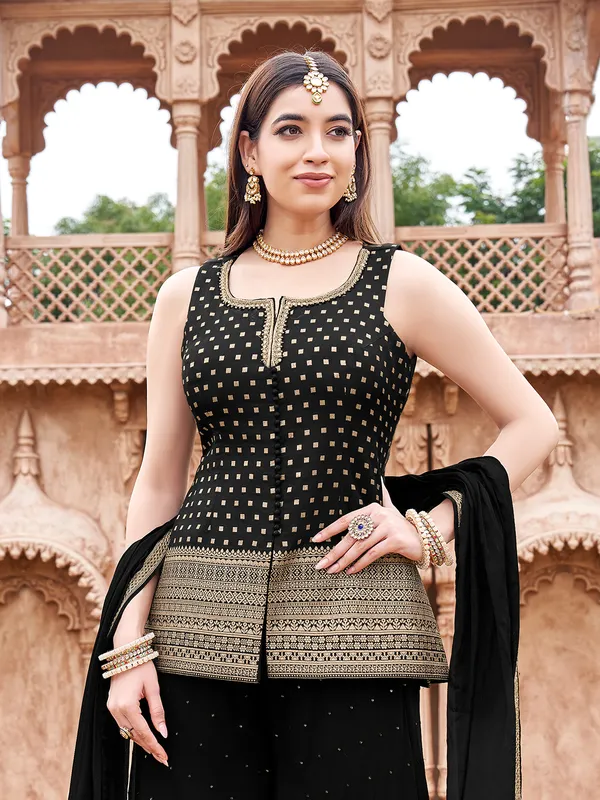 Black silk georgette palazzo suit with stone accents