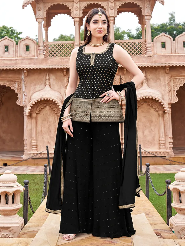 Black silk georgette palazzo suit with stone accents