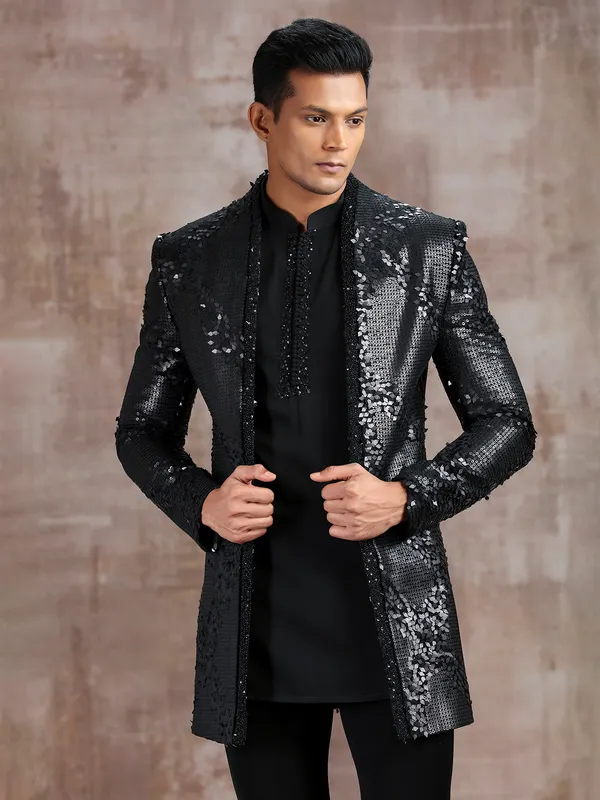 Black silk indo western with cutdana work