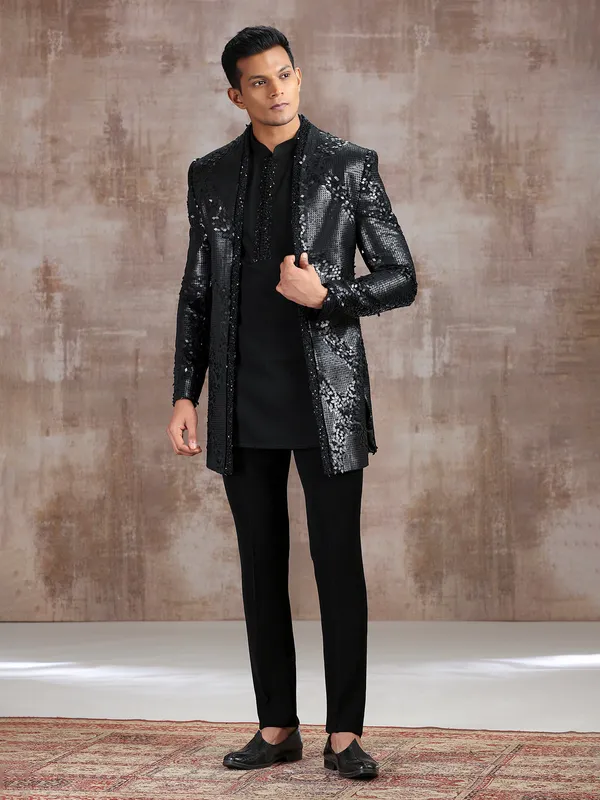 Black silk indo western with cutdana work