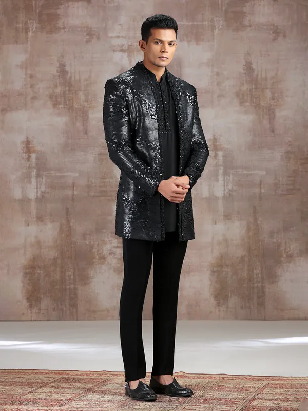 Black silk indo western with cutdana work