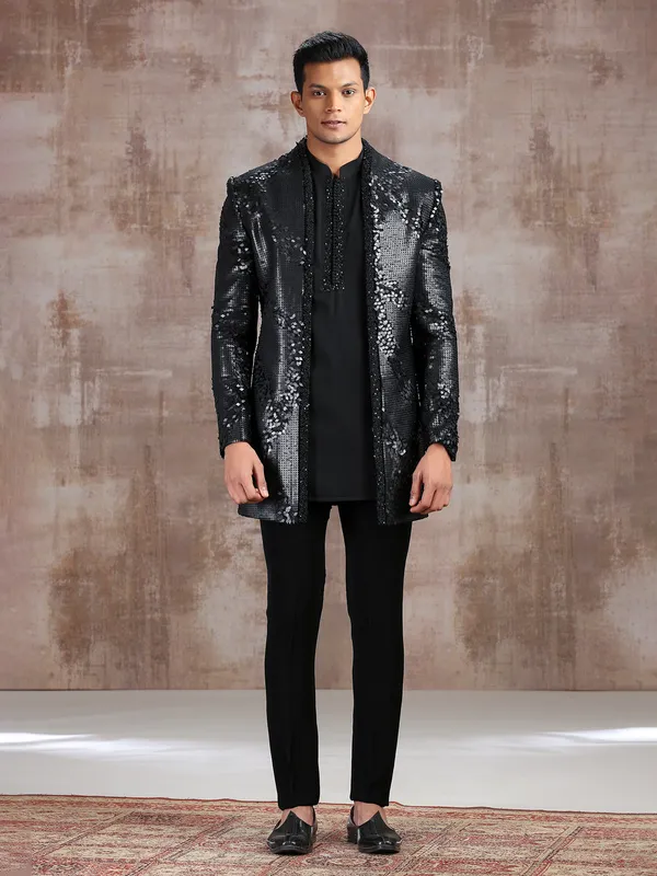 Black silk indo western with cutdana work