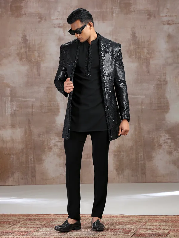 Black silk indo western with cutdana work