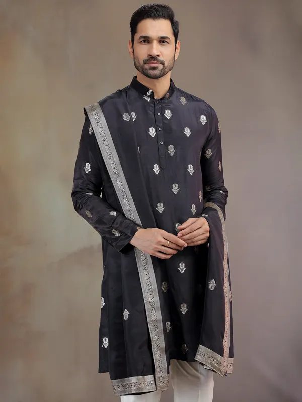 Black silk kurta pajama with zari work