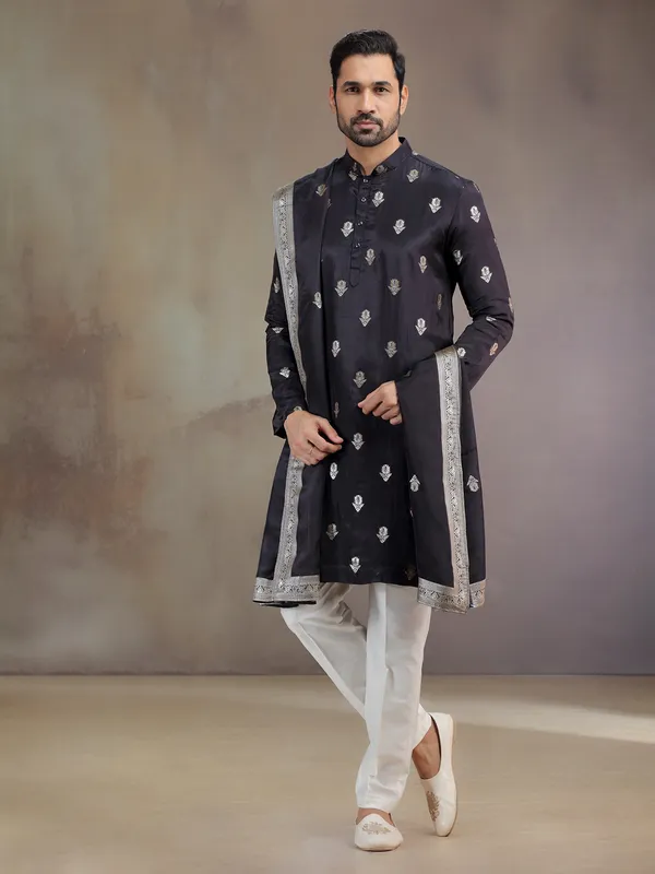 Black silk kurta pajama with zari work