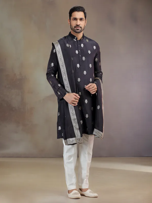 Black silk kurta pajama with zari work