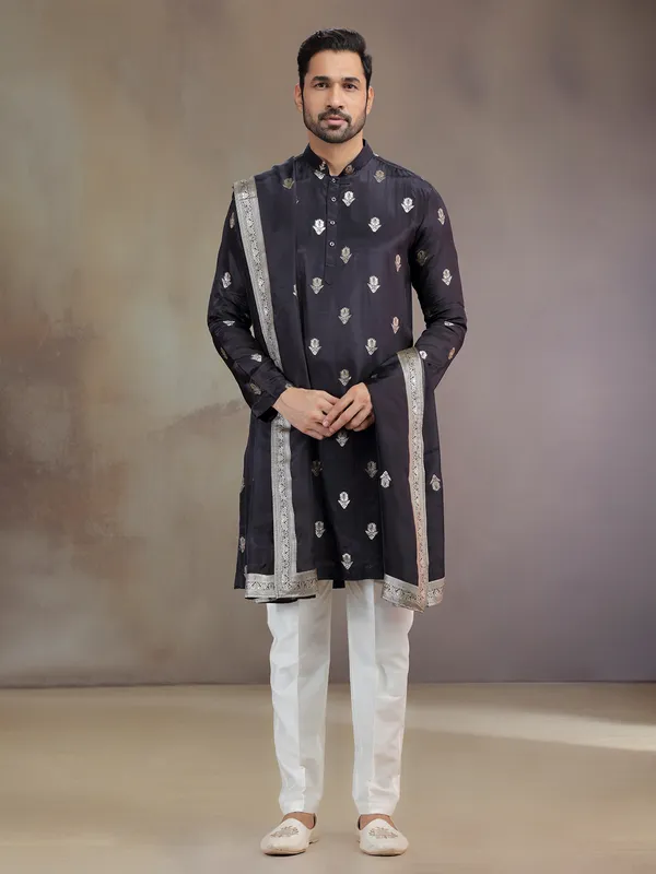 Black silk kurta pajama with zari work