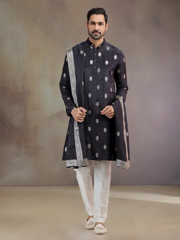 Black silk kurta pajama with zari work