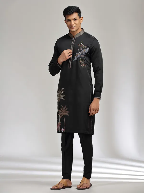 Black satin linen kurta suit with embroidery detailing