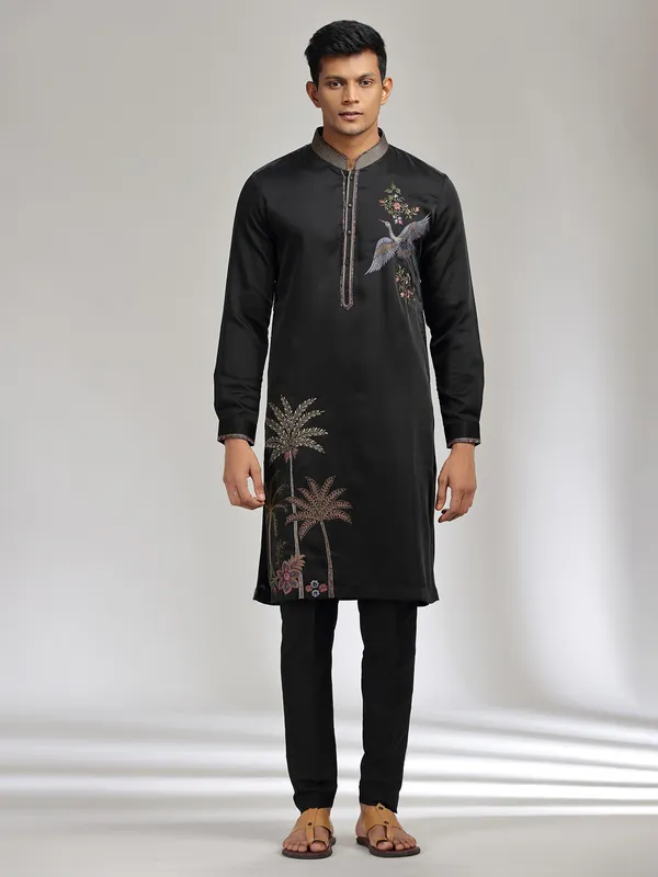 Black satin linen kurta suit with embroidery detailing