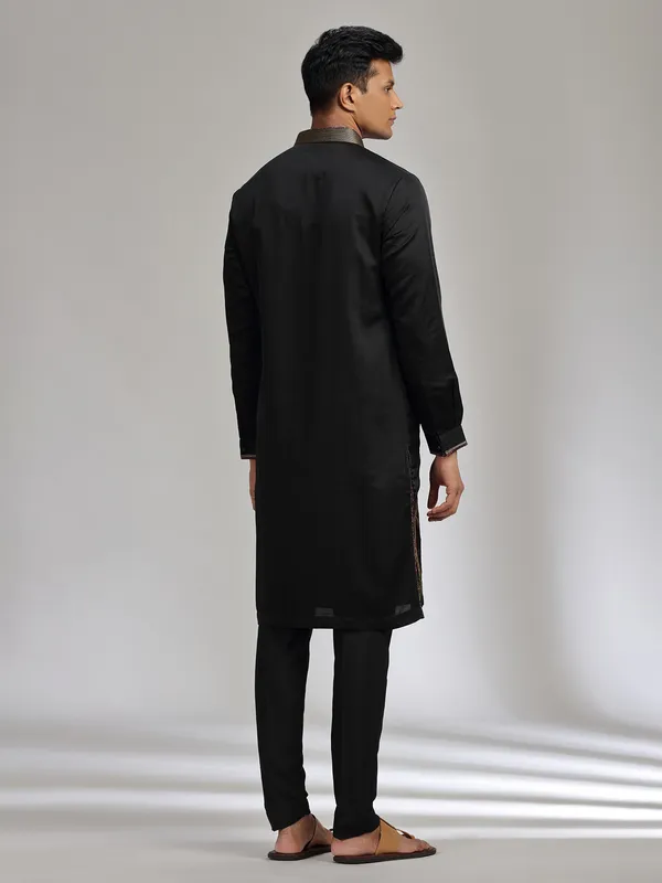 Black satin linen kurta suit with embroidery detailing