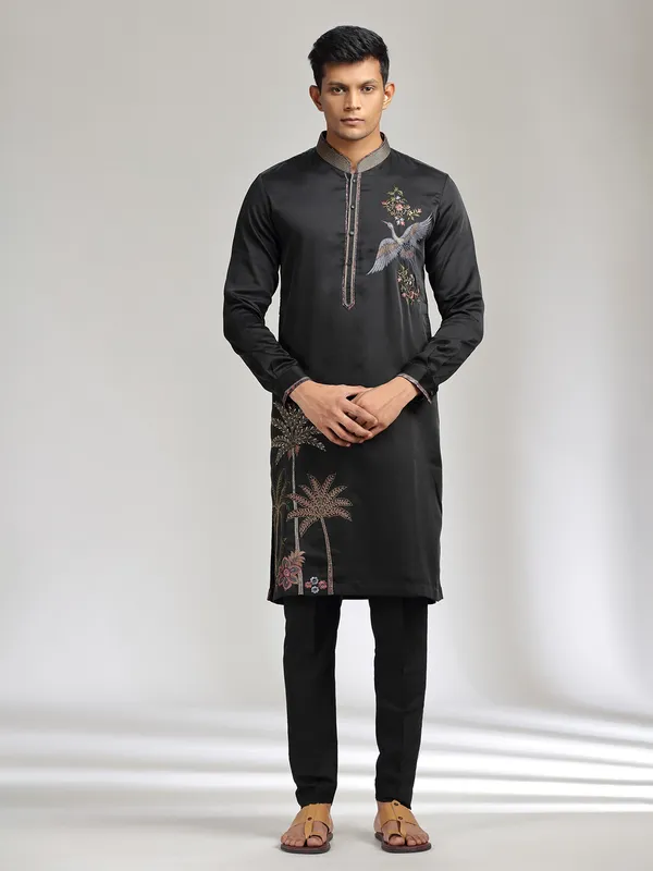 Black satin linen kurta suit with embroidery detailing