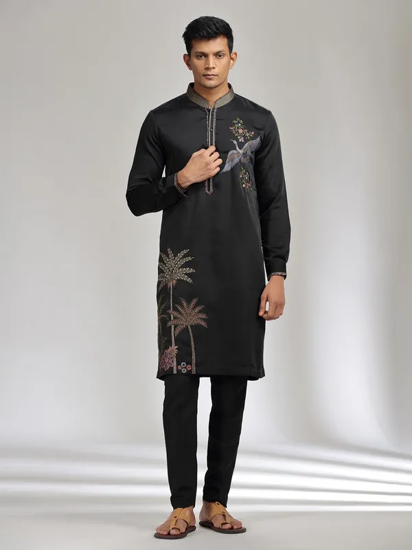 Black satin linen kurta suit with embroidery detailing
