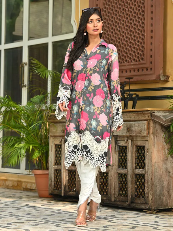 Black silk kurti set featuring beaded elegance