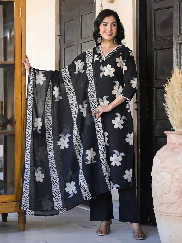 Black silk kurti set in floral printed