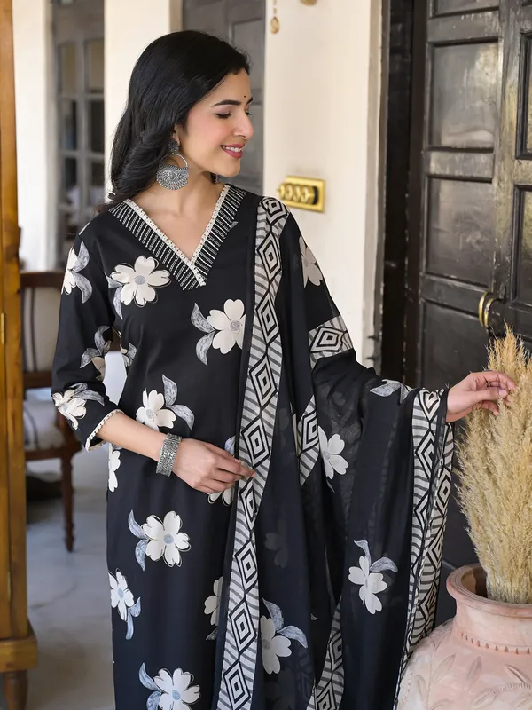 Black silk kurti set in floral printed