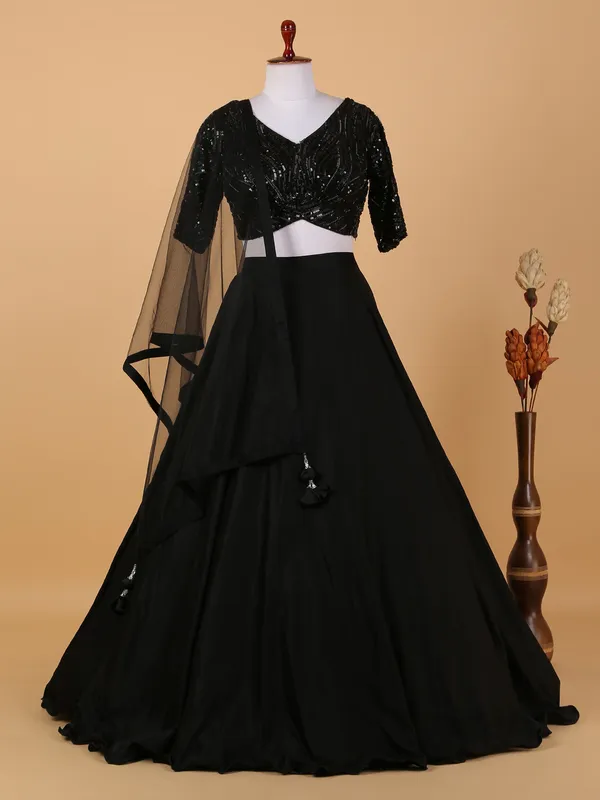 Black satin lehenga choli with dupatta