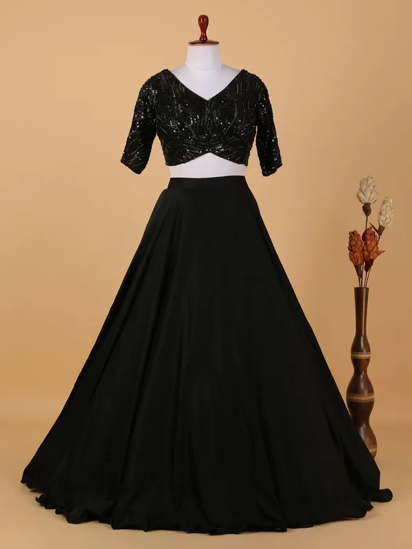 Black satin lehenga choli with dupatta
