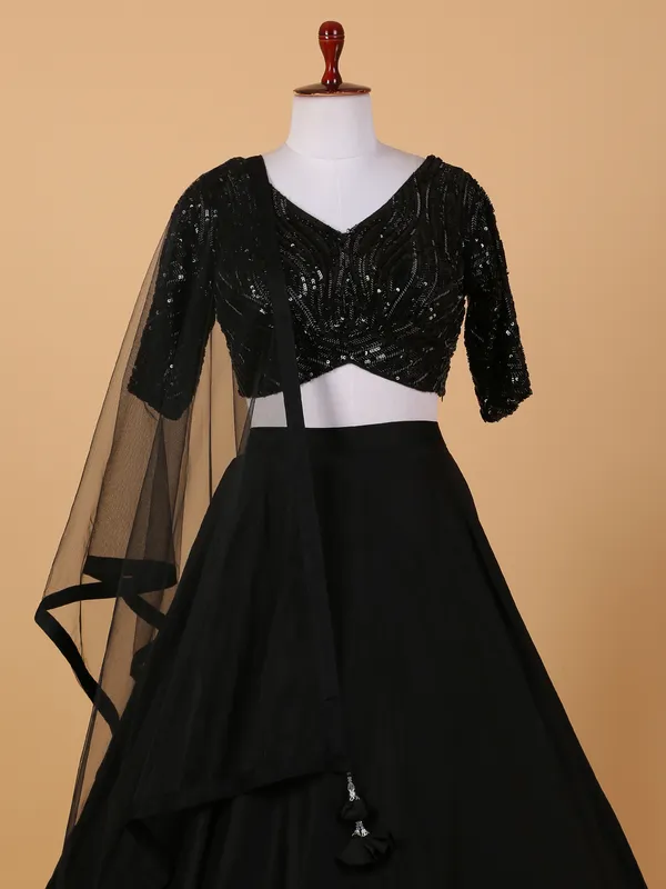 Black satin lehenga choli with dupatta