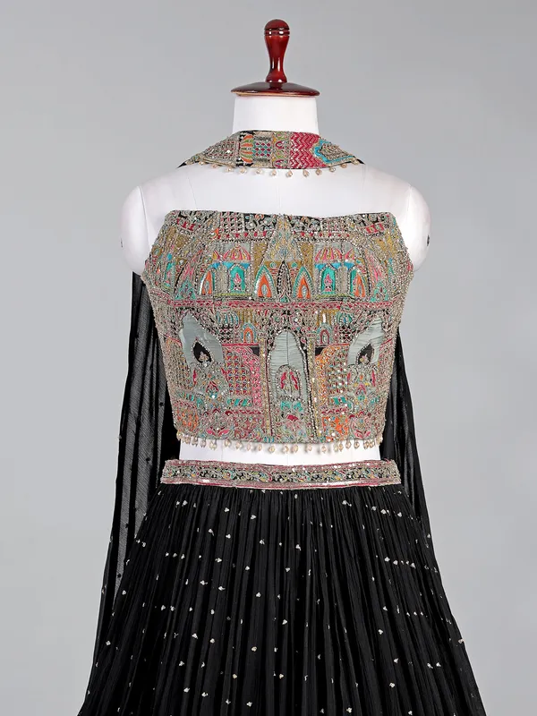 Black silk lehenga choli with mirror and zardosi work