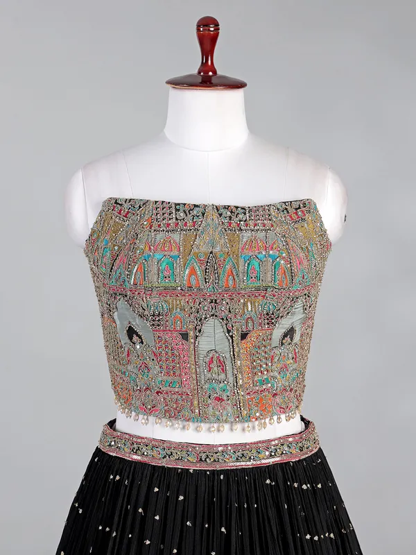 Black silk lehenga choli with mirror and zardosi work