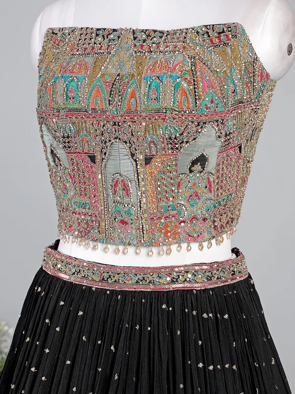 Black silk lehenga choli with mirror and zardosi work