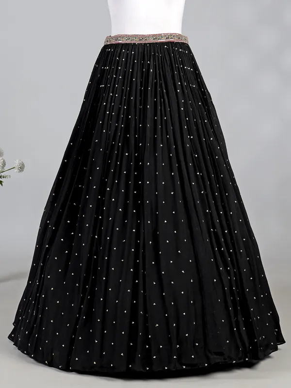 Black silk lehenga choli with mirror and zardosi work