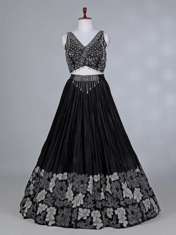 Black silk lehenga choli with patchwork sparkle