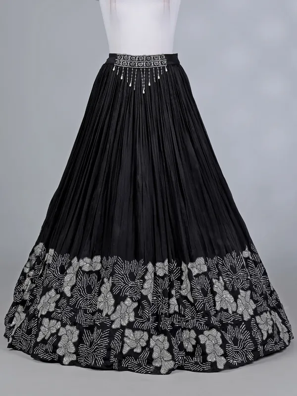 Black silk lehenga choli with patchwork sparkle