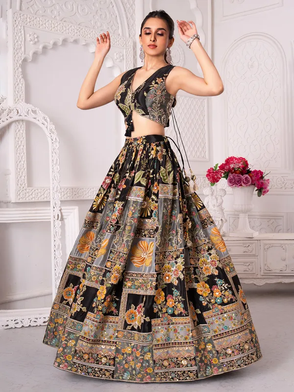 Black silk lehenga choli with ready made blouse