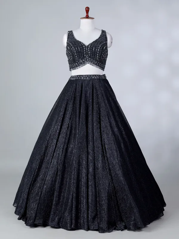 Black silk lehenga choli with zari accents