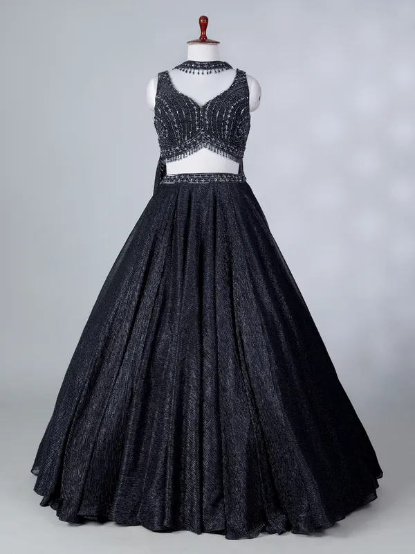 Black silk lehenga choli with zari accents