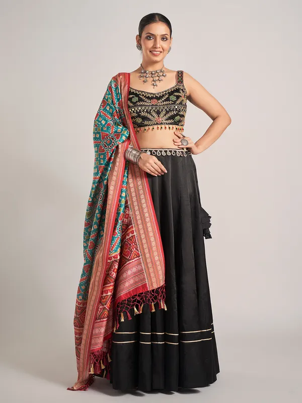 Black silk navratri chaniya choli with dupatta