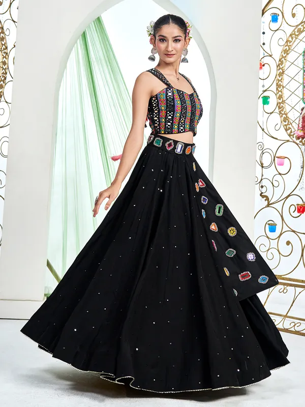 Black silk navratri lehenga choli with mirror work