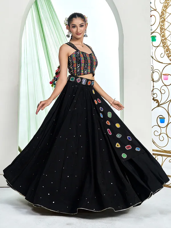 Black silk navratri lehenga choli with mirror work