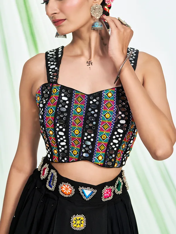 Black silk navratri lehenga choli with mirror work