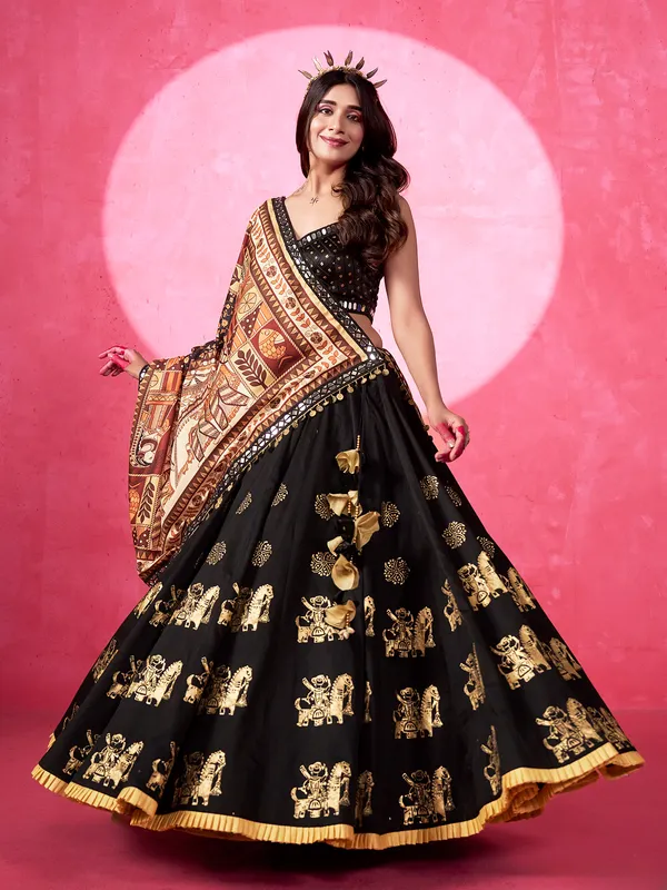 Black silk navratri lehenga choli with print
