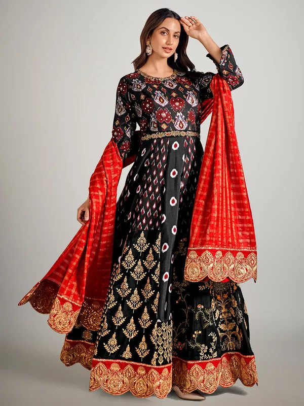 Black silk pakistani anarkali suit with dupatta