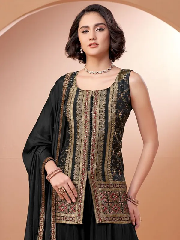 Black silk palazzo suit with resham detailing